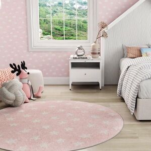 Pink Round Rug with Star Pattern - 7’10” Round